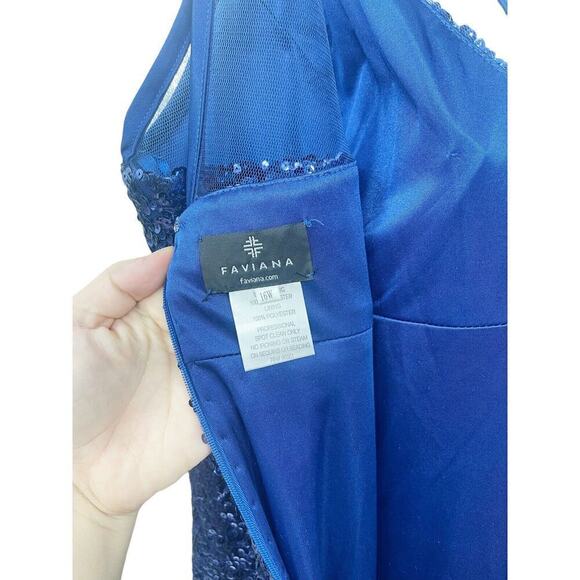 Faviana Long Blue Sequin Prom Dress Gown Formal Womens Plus Size 16 - Picture 4 of 8